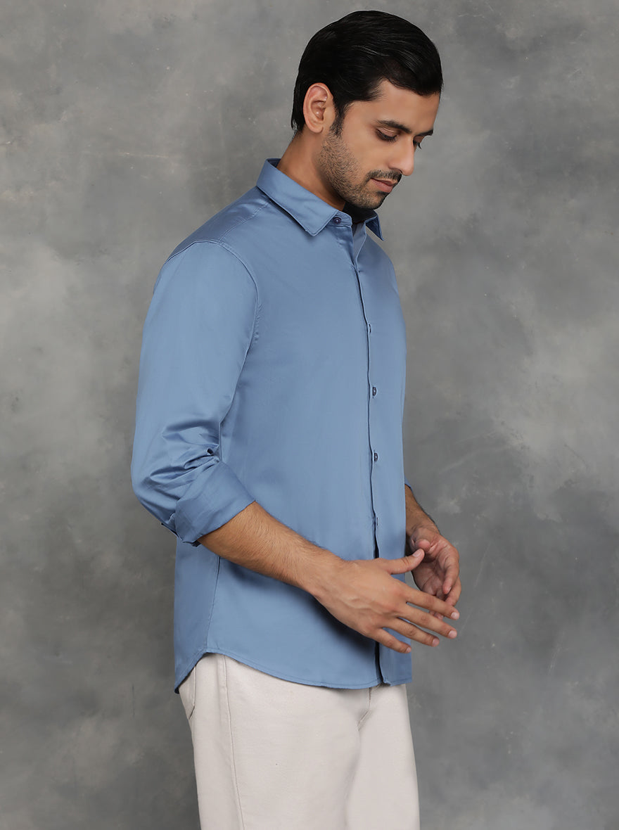 Blue Solid Slim Fit Casual Shirt | pehervi