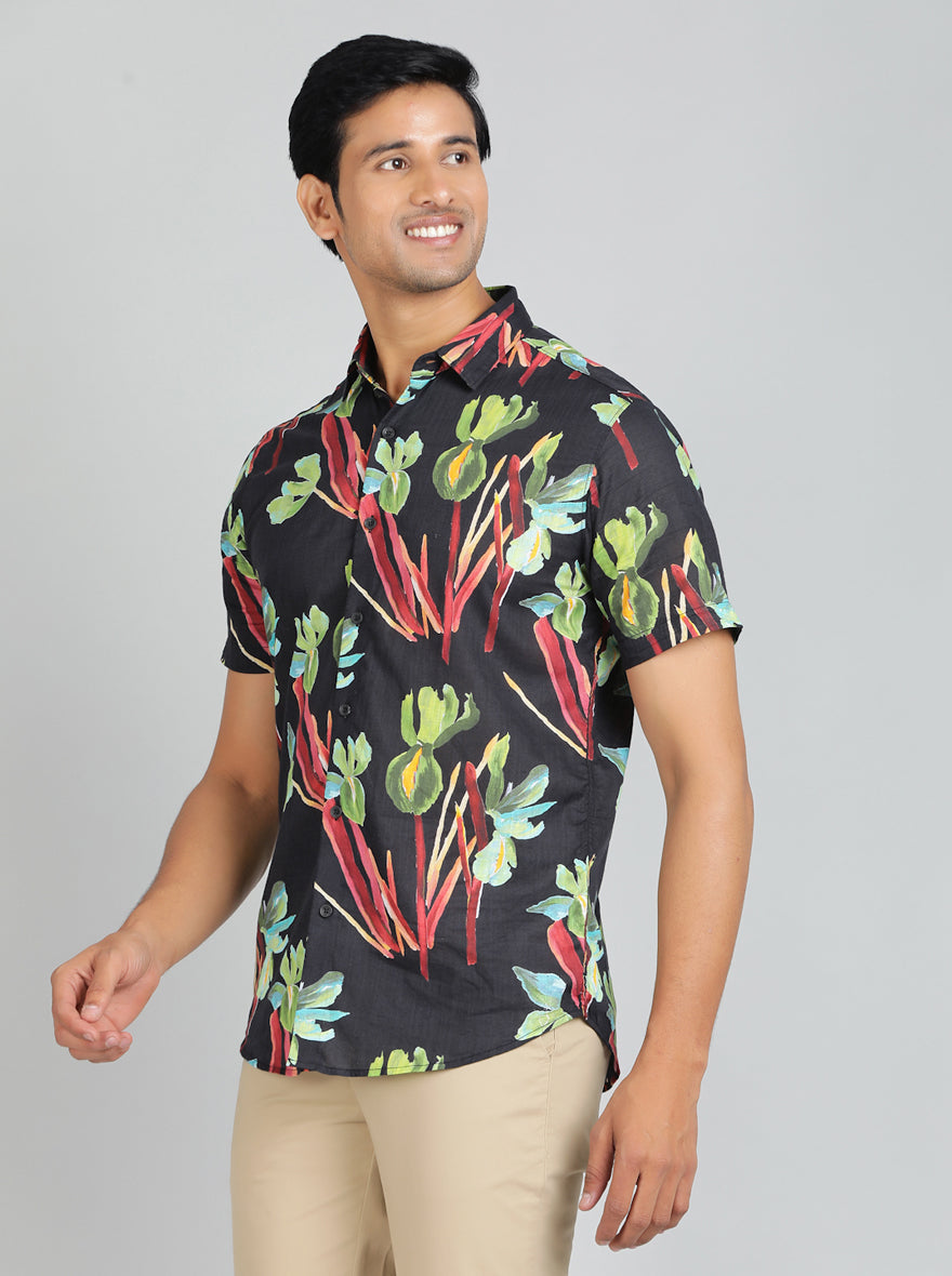 Black Printed Slim Fit Casual Shirt | pehervi