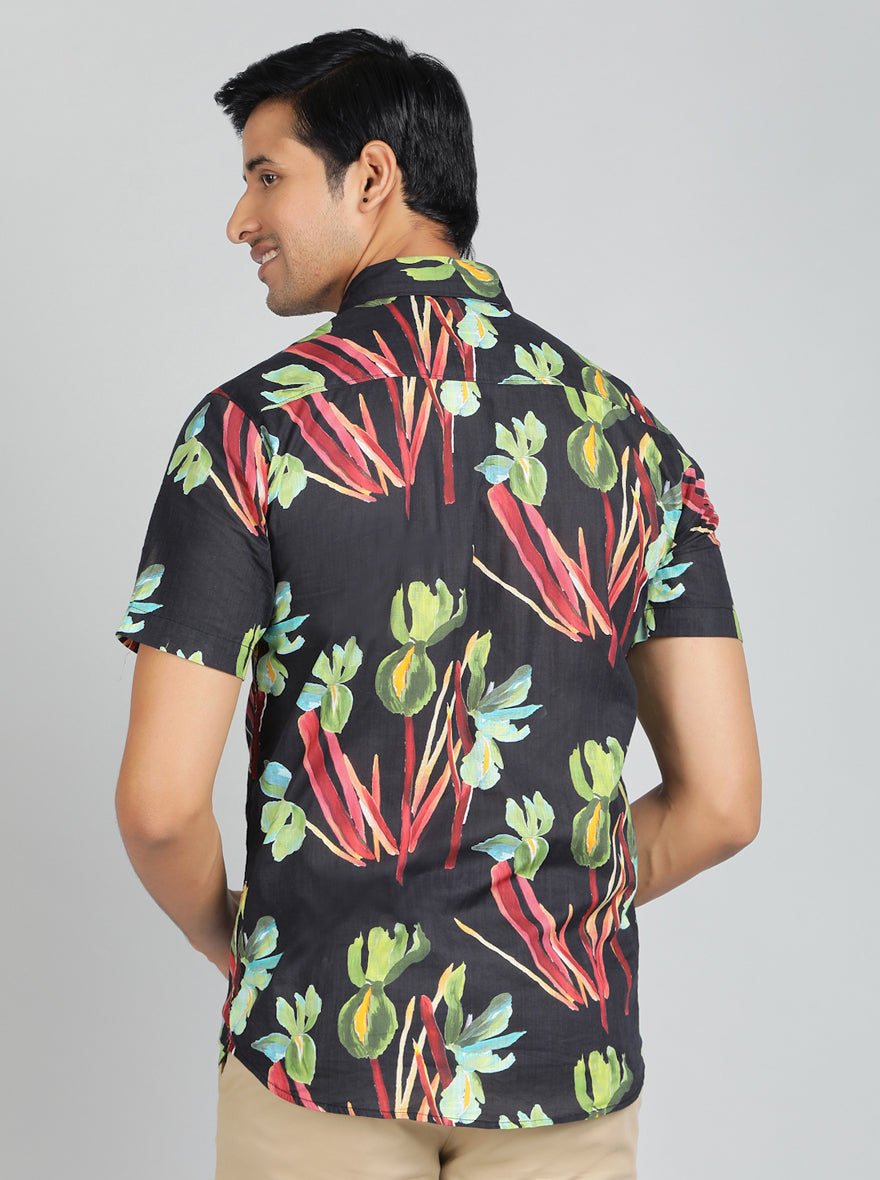 Black Printed Slim Fit Casual Shirt | pehervi
