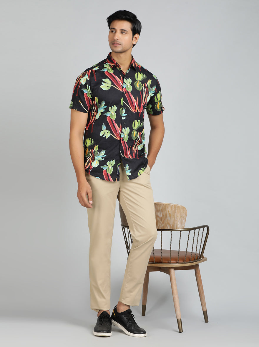 Black Printed Slim Fit Casual Shirt | pehervi