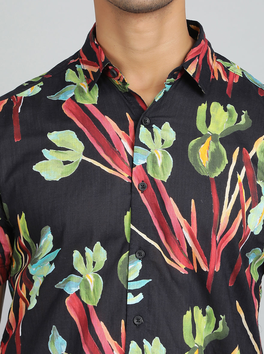 Black Printed Slim Fit Casual Shirt | pehervi