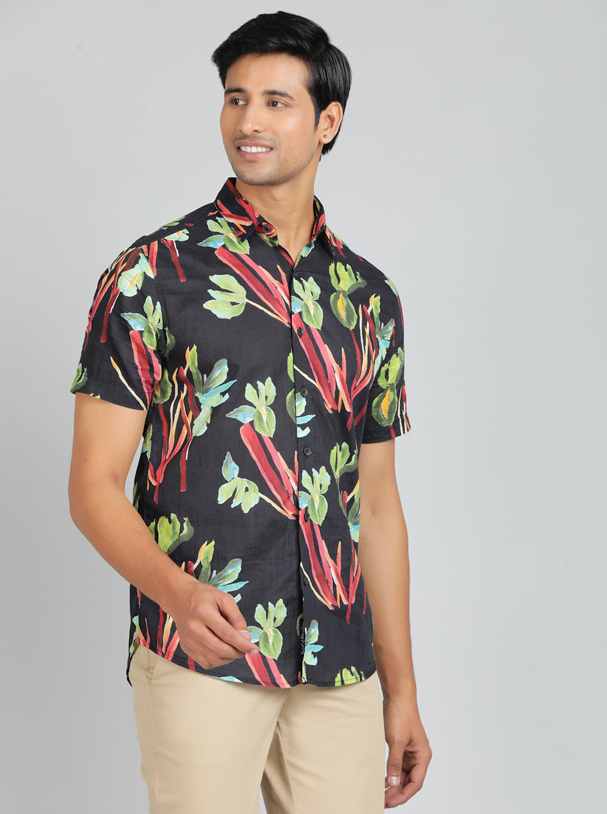 Black Printed Slim Fit Casual Shirt | pehervi
