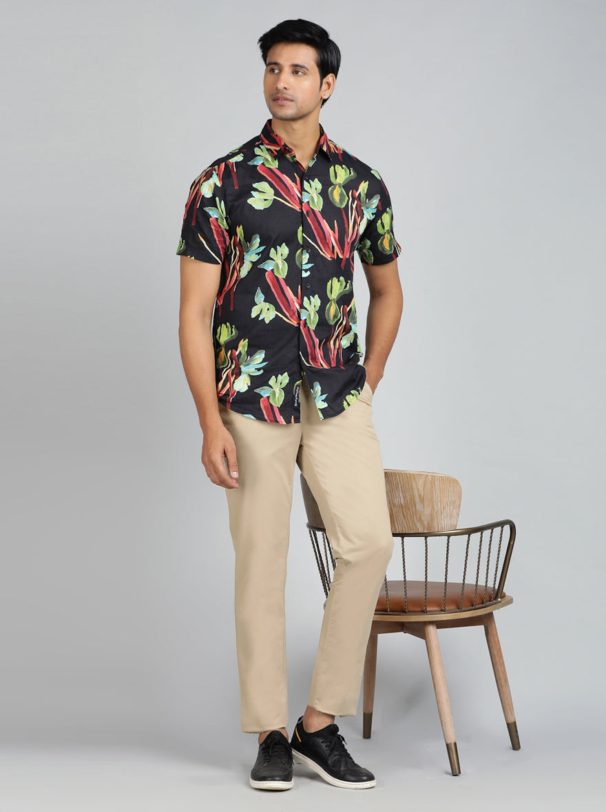 Black Printed Slim Fit Casual Shirt | pehervi