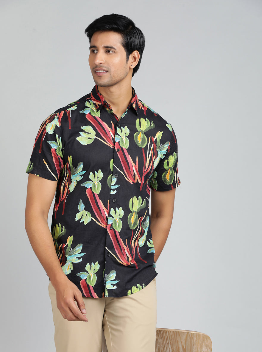 Black Printed Slim Fit Casual Shirt | pehervi