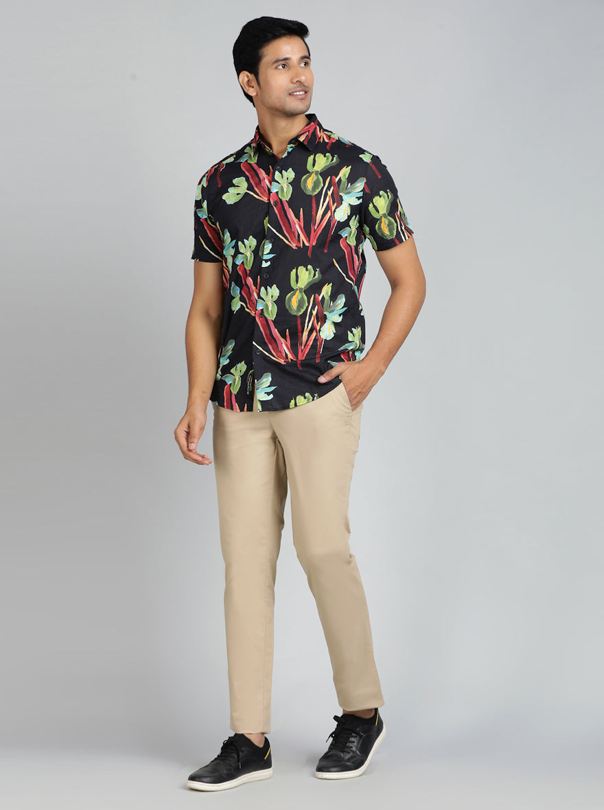 Black Printed Slim Fit Casual Shirt | pehervi