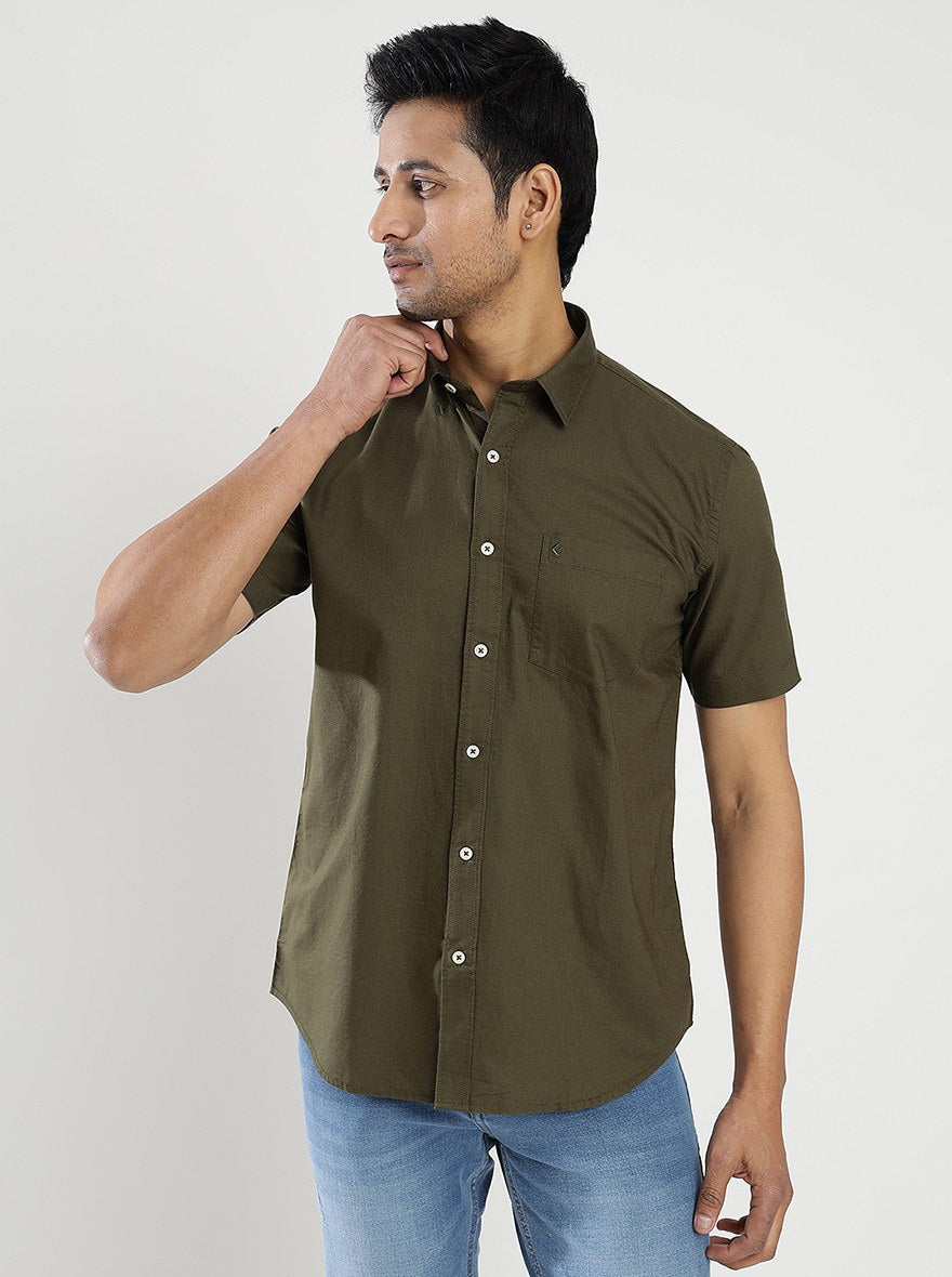 Olive Green Solid Smart Fit Semi Casual Shirt | Pehervi