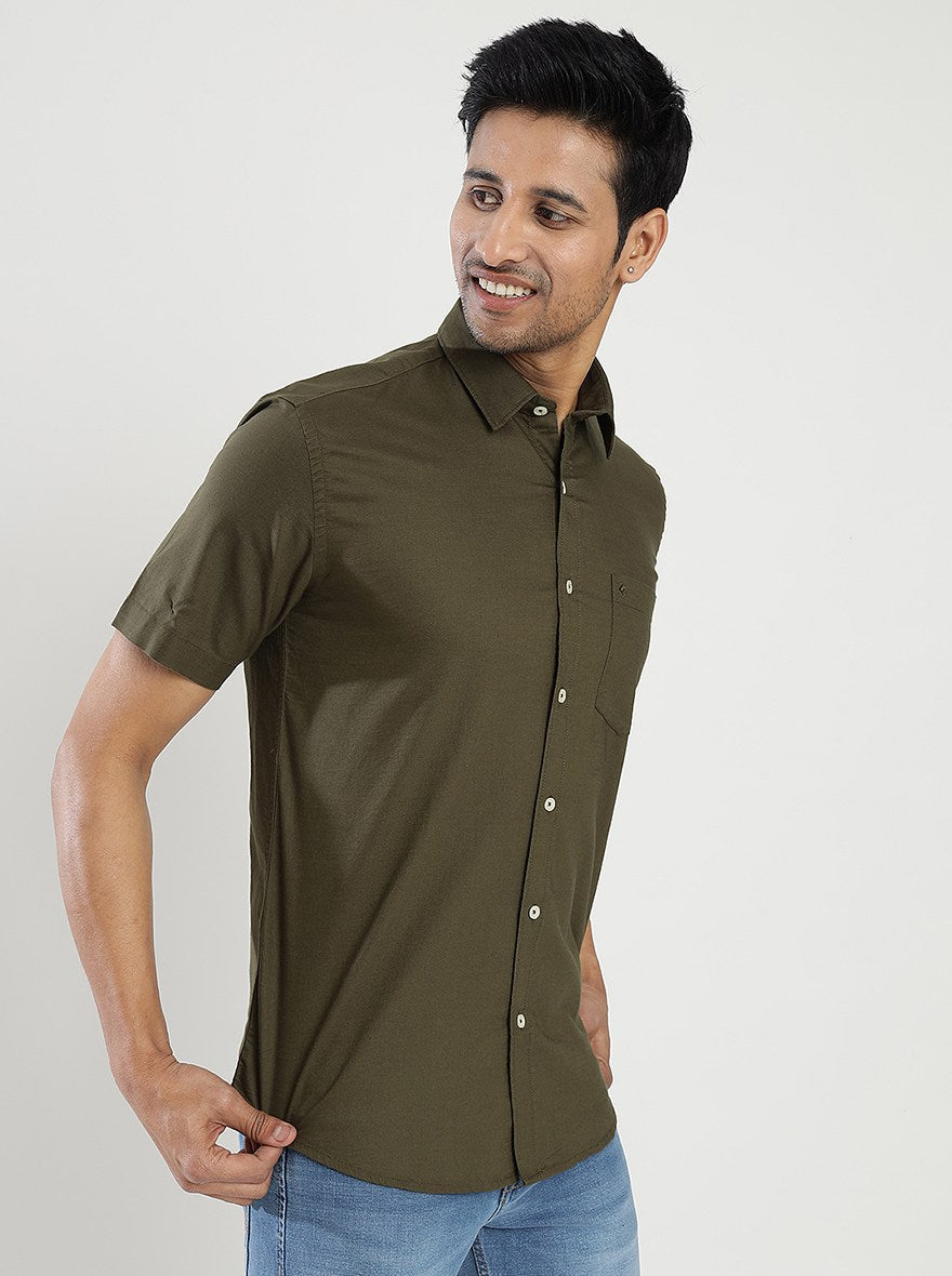 Olive Green Solid Smart Fit Semi Casual Shirt | Pehervi
