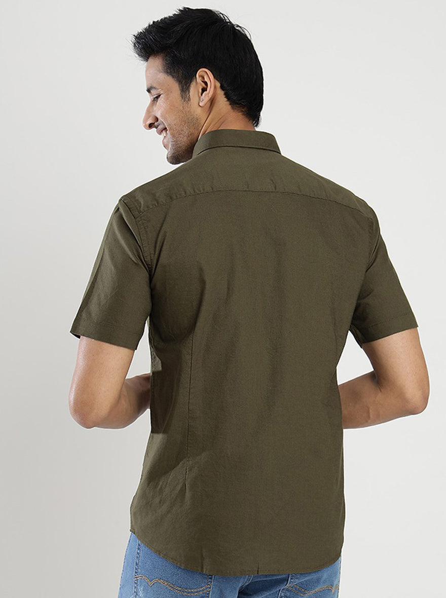 Olive Green Solid Smart Fit Semi Casual Shirt | Pehervi