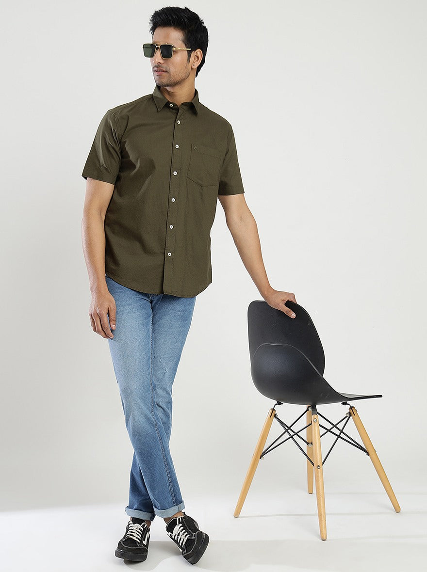 Olive Green Solid Smart Fit Semi Casual Shirt | Pehervi