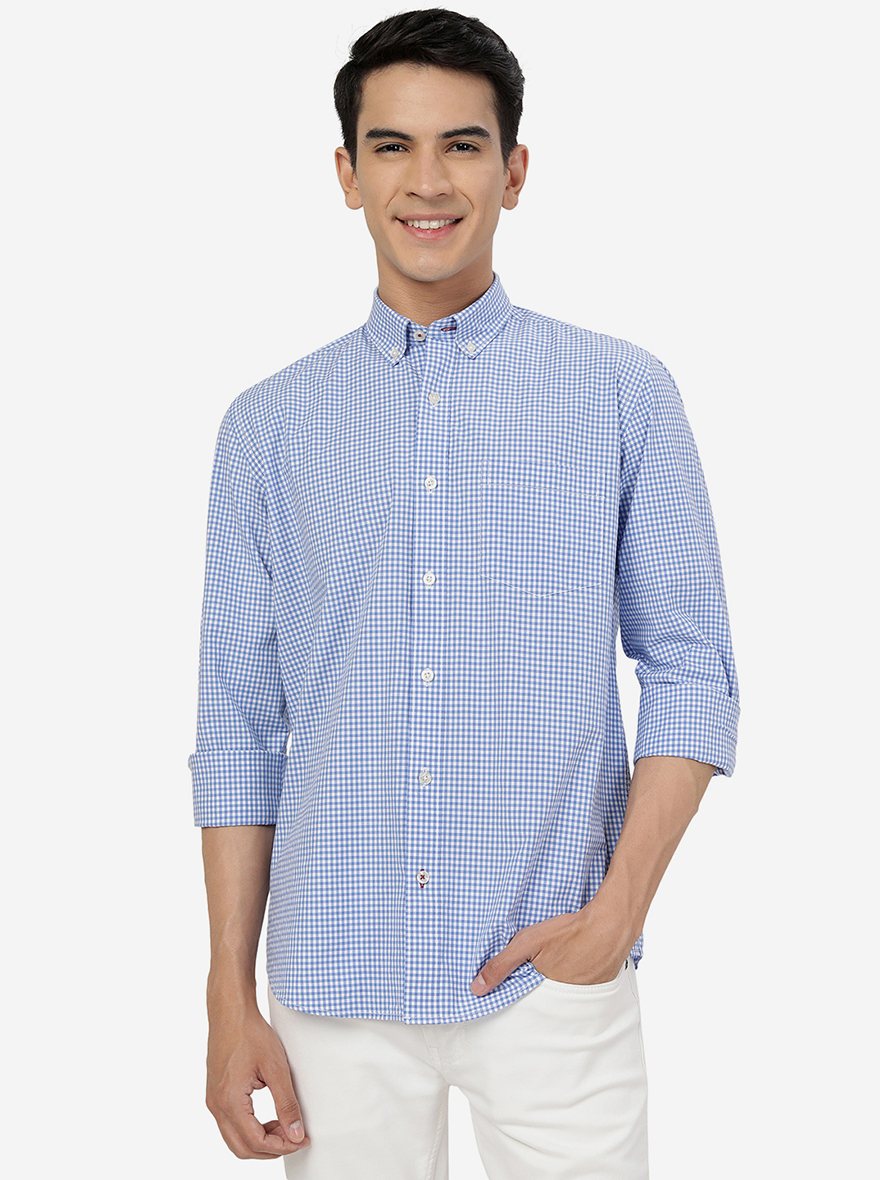 White & Blue Checked Slim Fit Semi Casual Shirt | Pehervi
