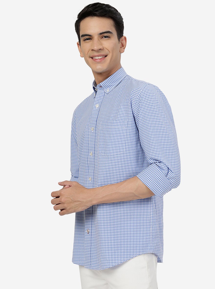 White & Blue Checked Slim Fit Semi Casual Shirt | Pehervi