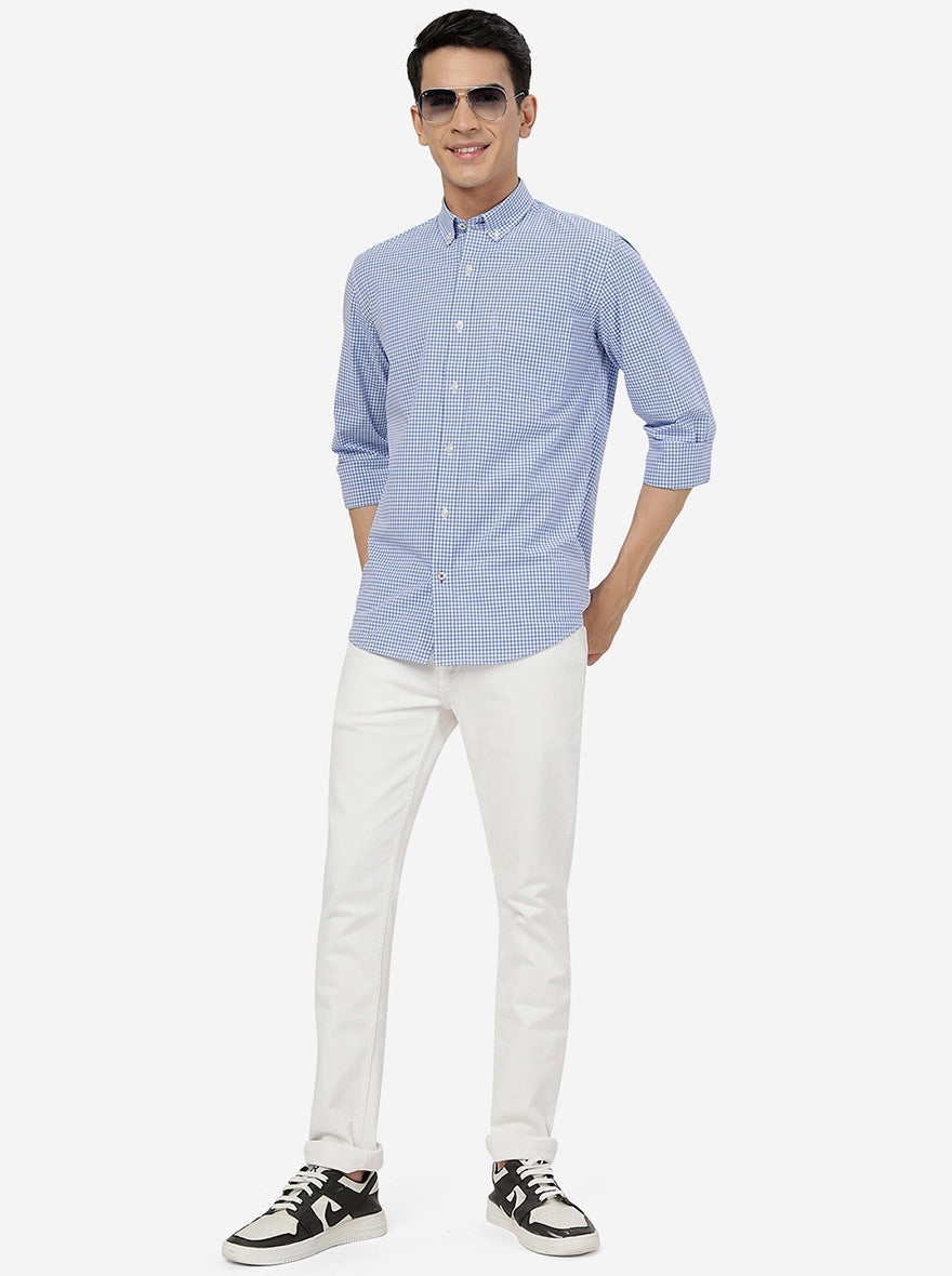 White & Blue Checked Slim Fit Semi Casual Shirt | Pehervi