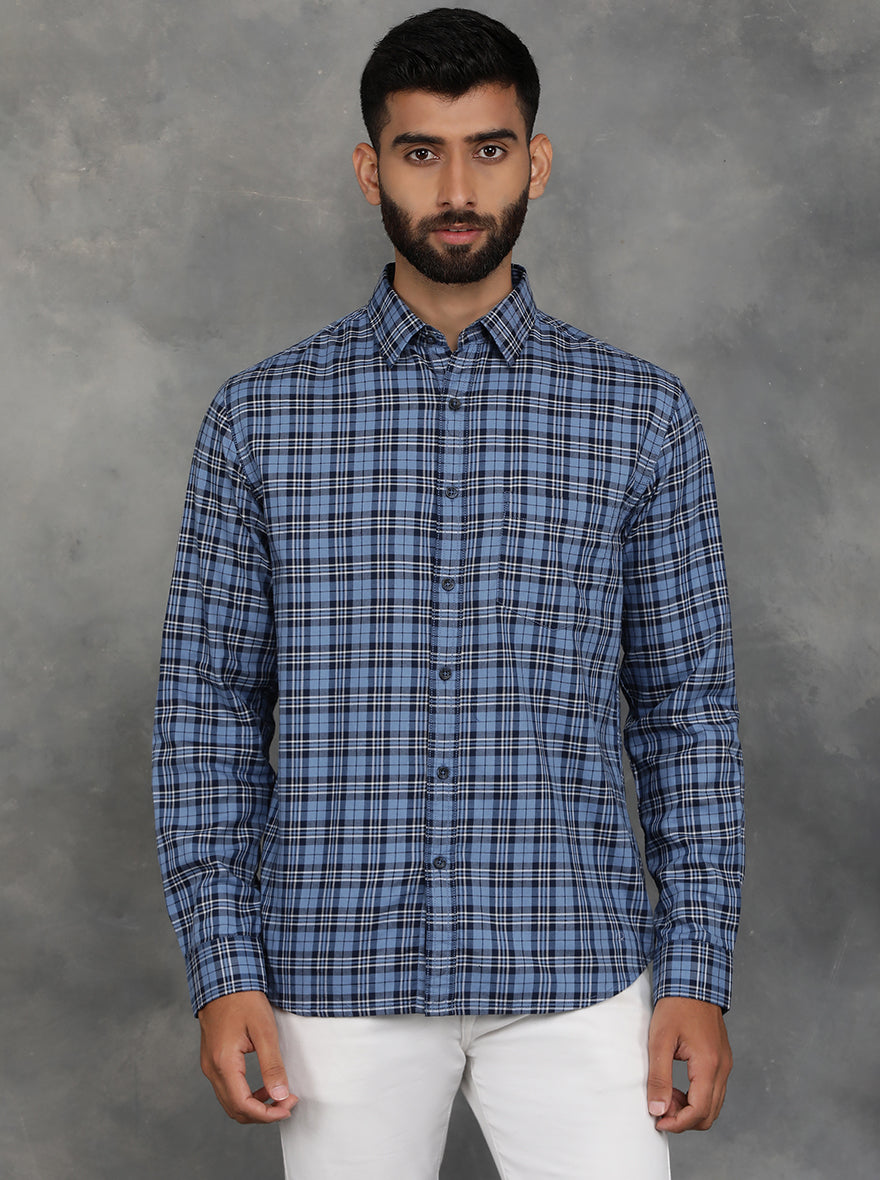 Blue Checked Slim Fit Casual Shirt | pehervi