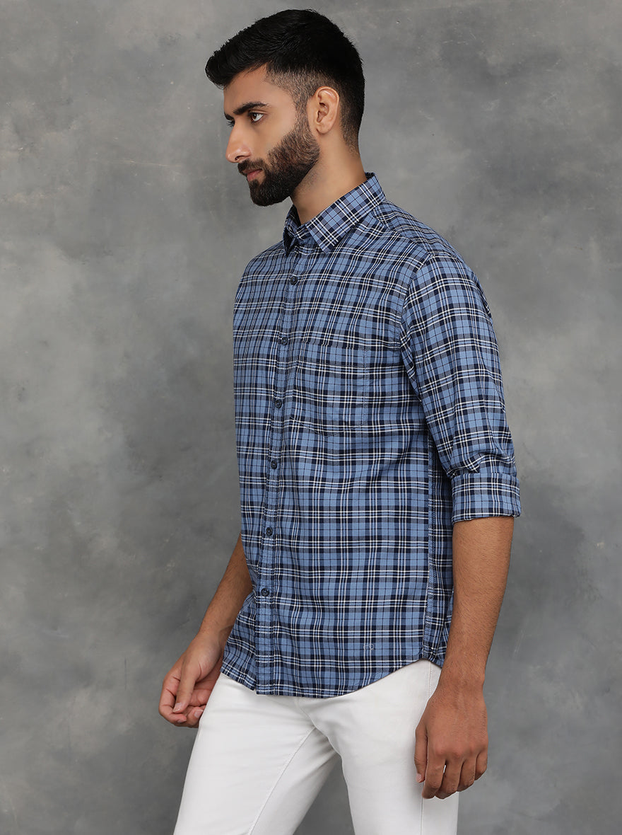 Blue Checked Slim Fit Casual Shirt | pehervi