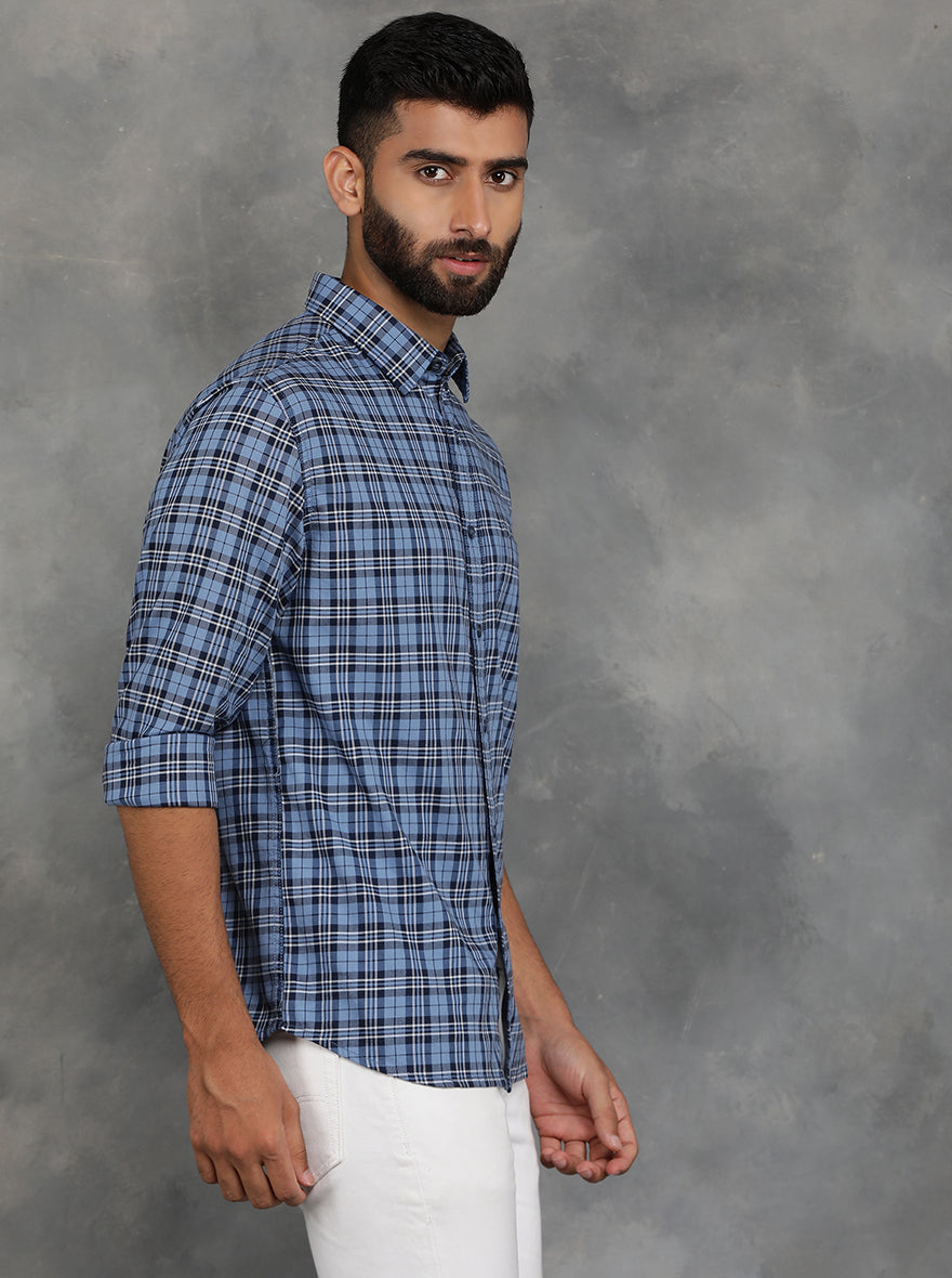 Blue Checked Slim Fit Casual Shirt | pehervi
