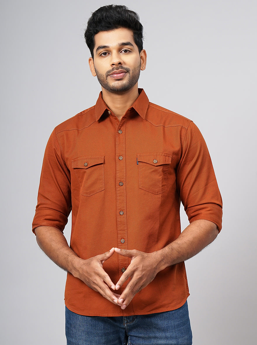 Rust Solid Slim Fit Casual Shirt | pehervi