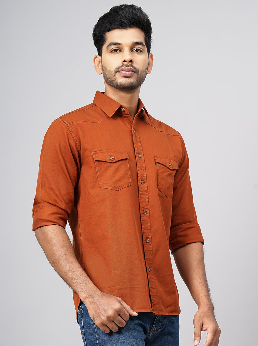 Rust Solid Slim Fit Casual Shirt | pehervi