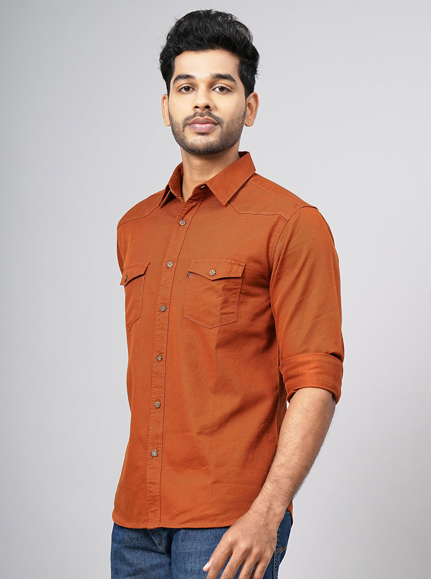 Rust Solid Slim Fit Casual Shirt | pehervi
