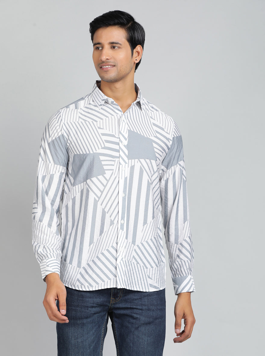 Light Grey Printed Slim Fit Casual Shirt | pehervi