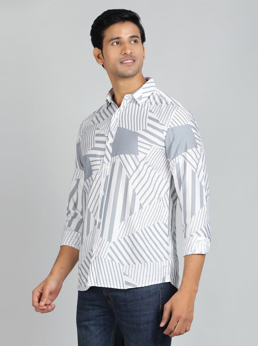 Light Grey Printed Slim Fit Casual Shirt | pehervi