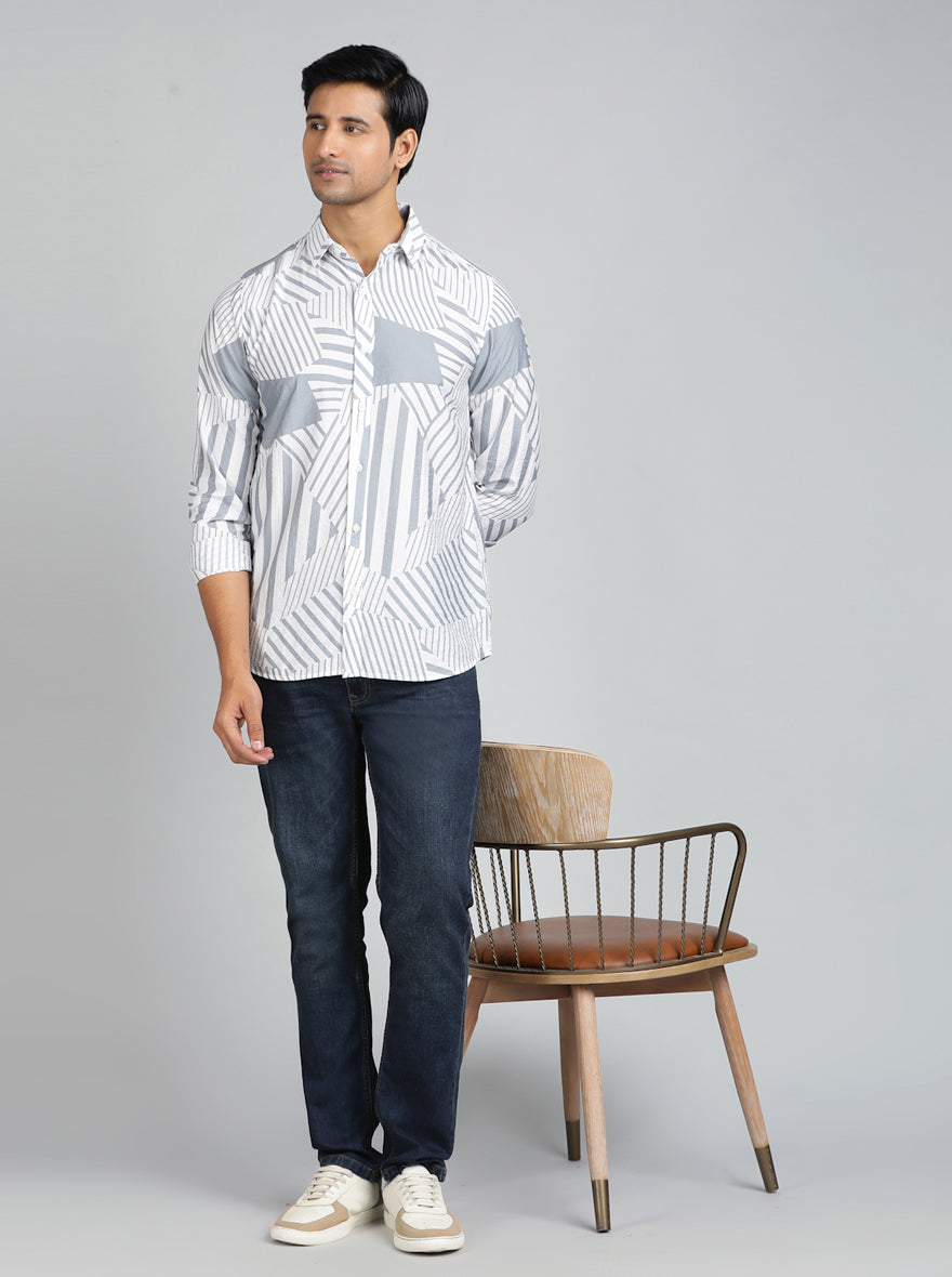 Light Grey Printed Slim Fit Casual Shirt | pehervi