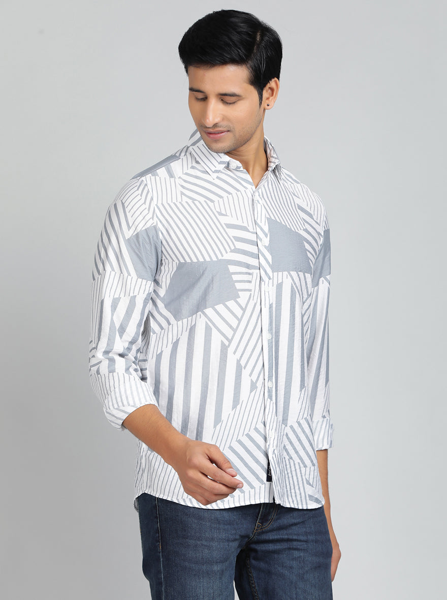 Light Grey Printed Slim Fit Casual Shirt | pehervi