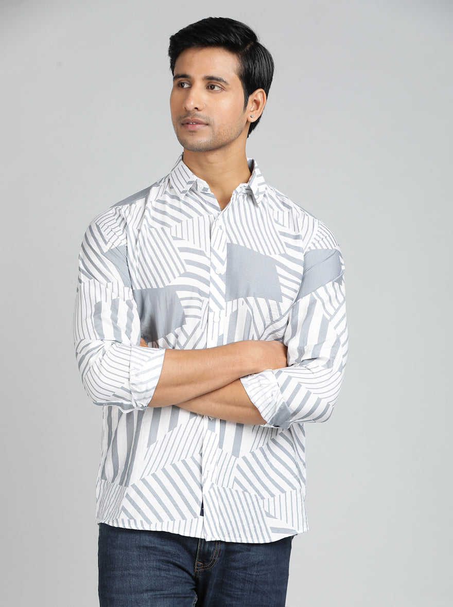 Light Grey Printed Slim Fit Casual Shirt | pehervi