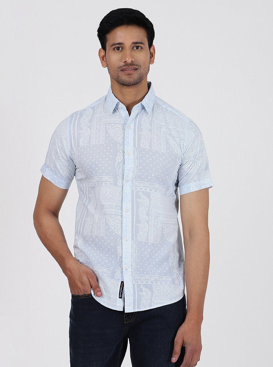Light Blue Printed Slim Fit Casual Shirt | pehervi