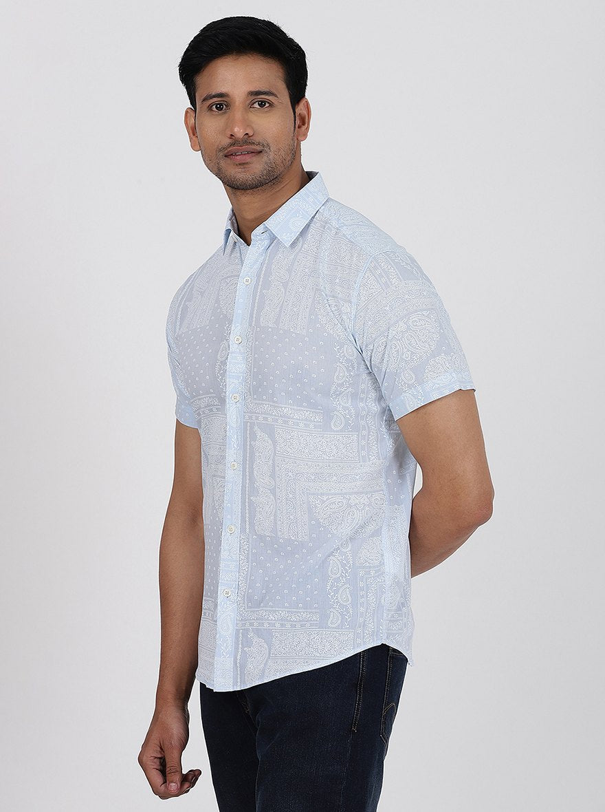 Light Blue Printed Slim Fit Casual Shirt | pehervi