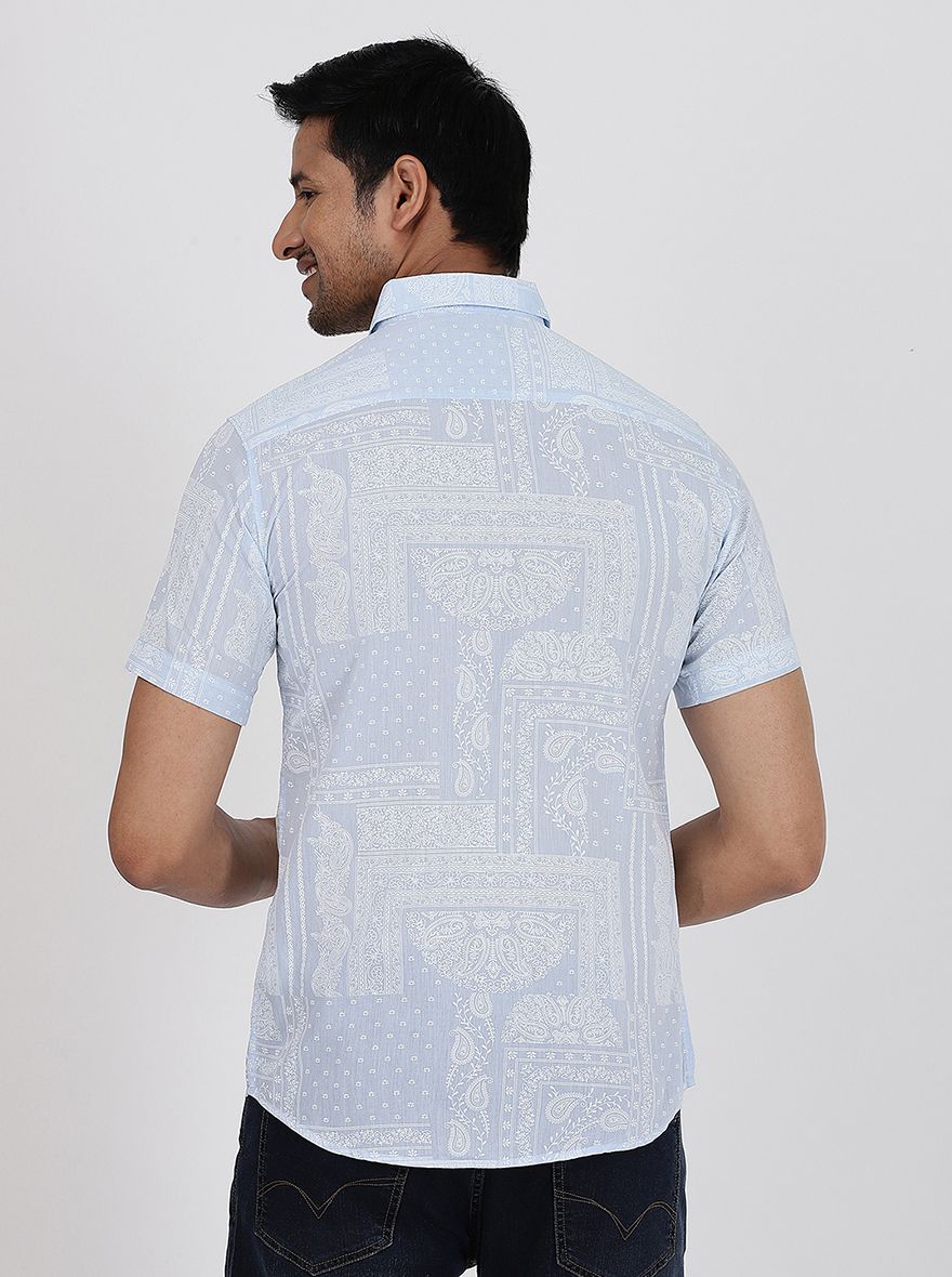Light Blue Printed Slim Fit Casual Shirt | pehervi