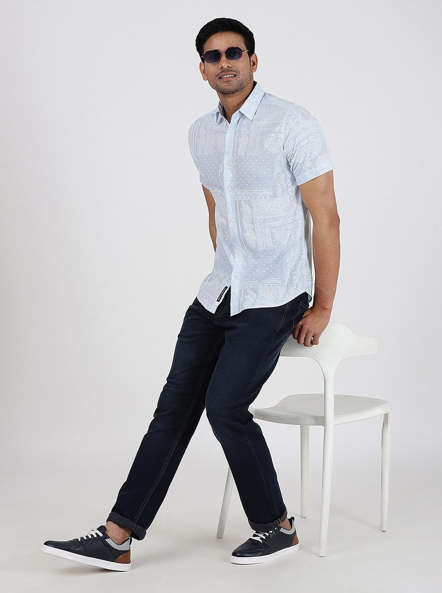 Light Blue Printed Slim Fit Casual Shirt | pehervi