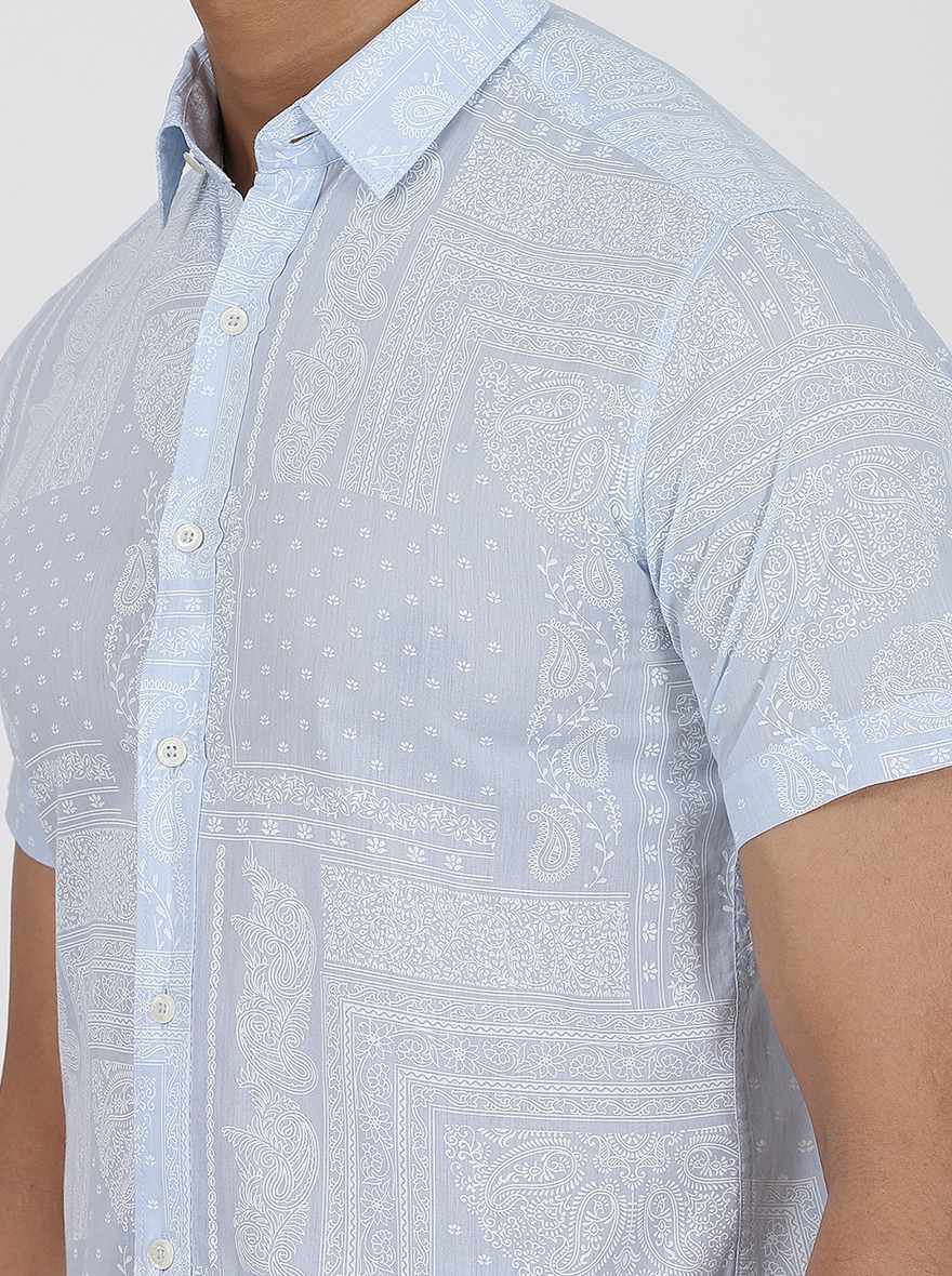 Light Blue Printed Slim Fit Casual Shirt | pehervi
