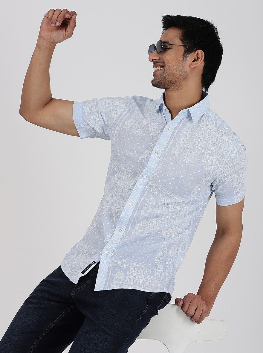 Light Blue Printed Slim Fit Casual Shirt | pehervi