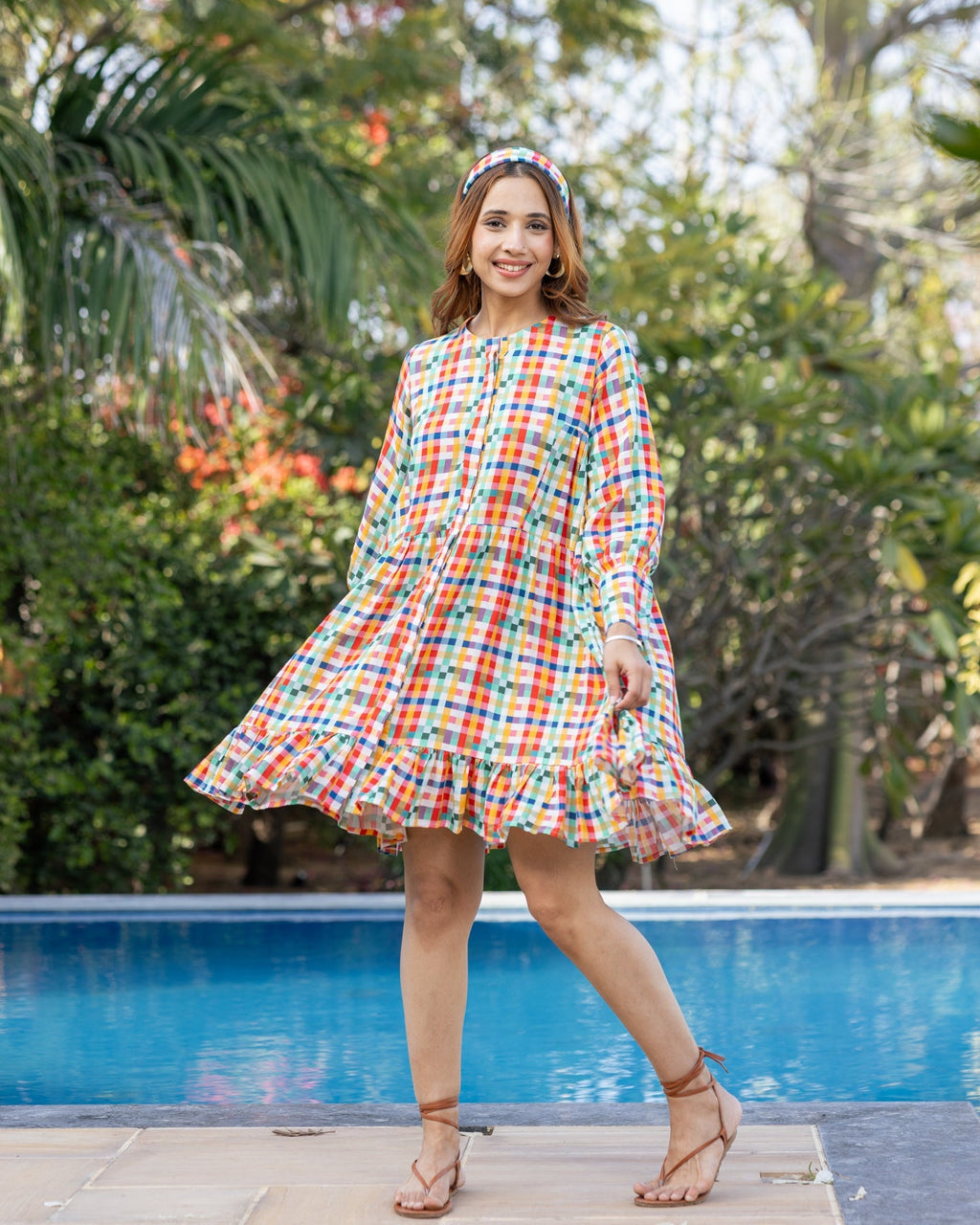 White Multi-hued Check Dress