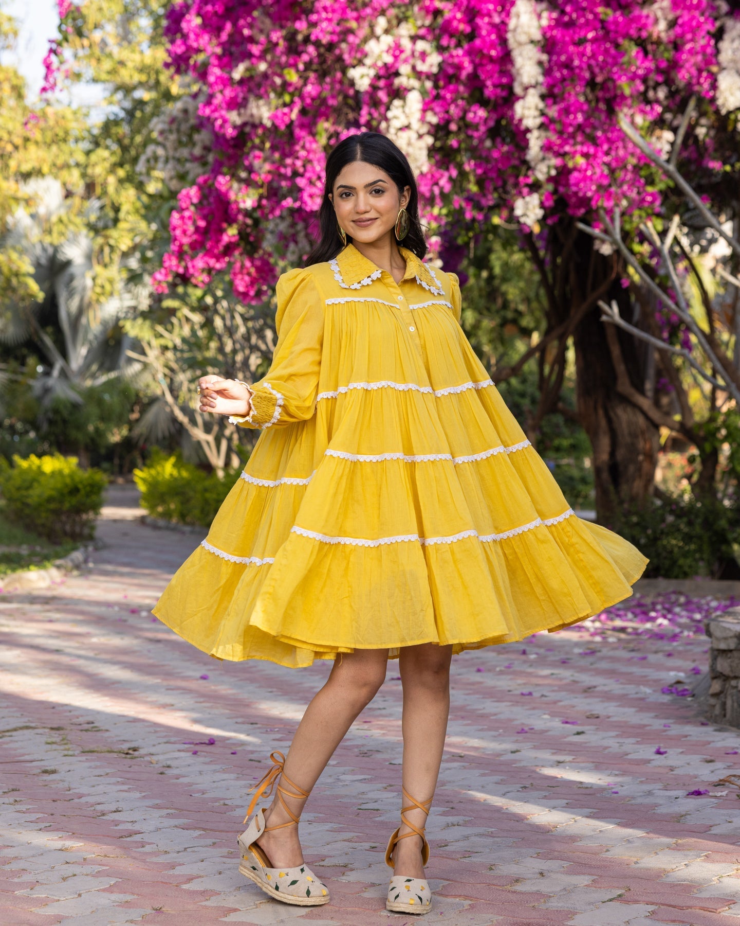 Yellow Lace & Tiered Shirt Dress
