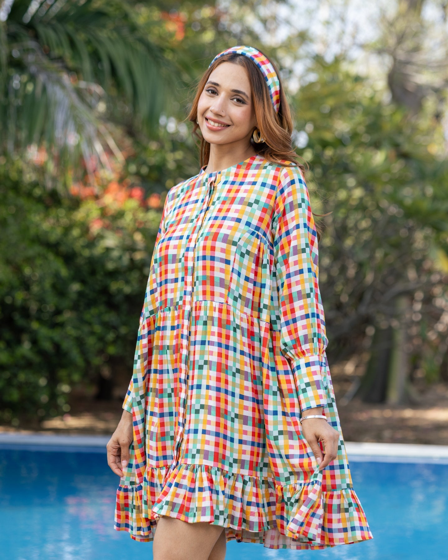 White Multi-hued Check Dress