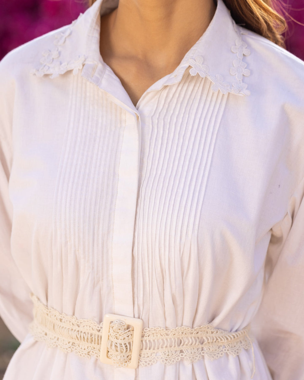 White Pintuck & Lace Shirt Dress