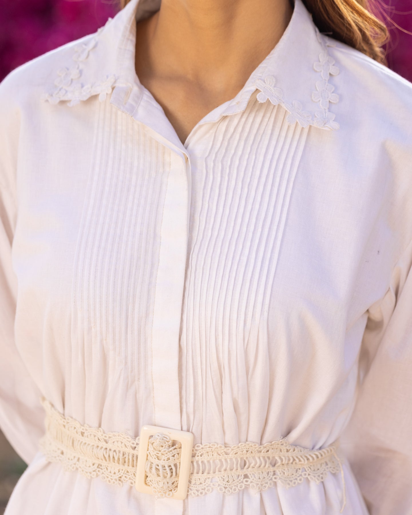 White Pintuck & Lace Shirt Dress