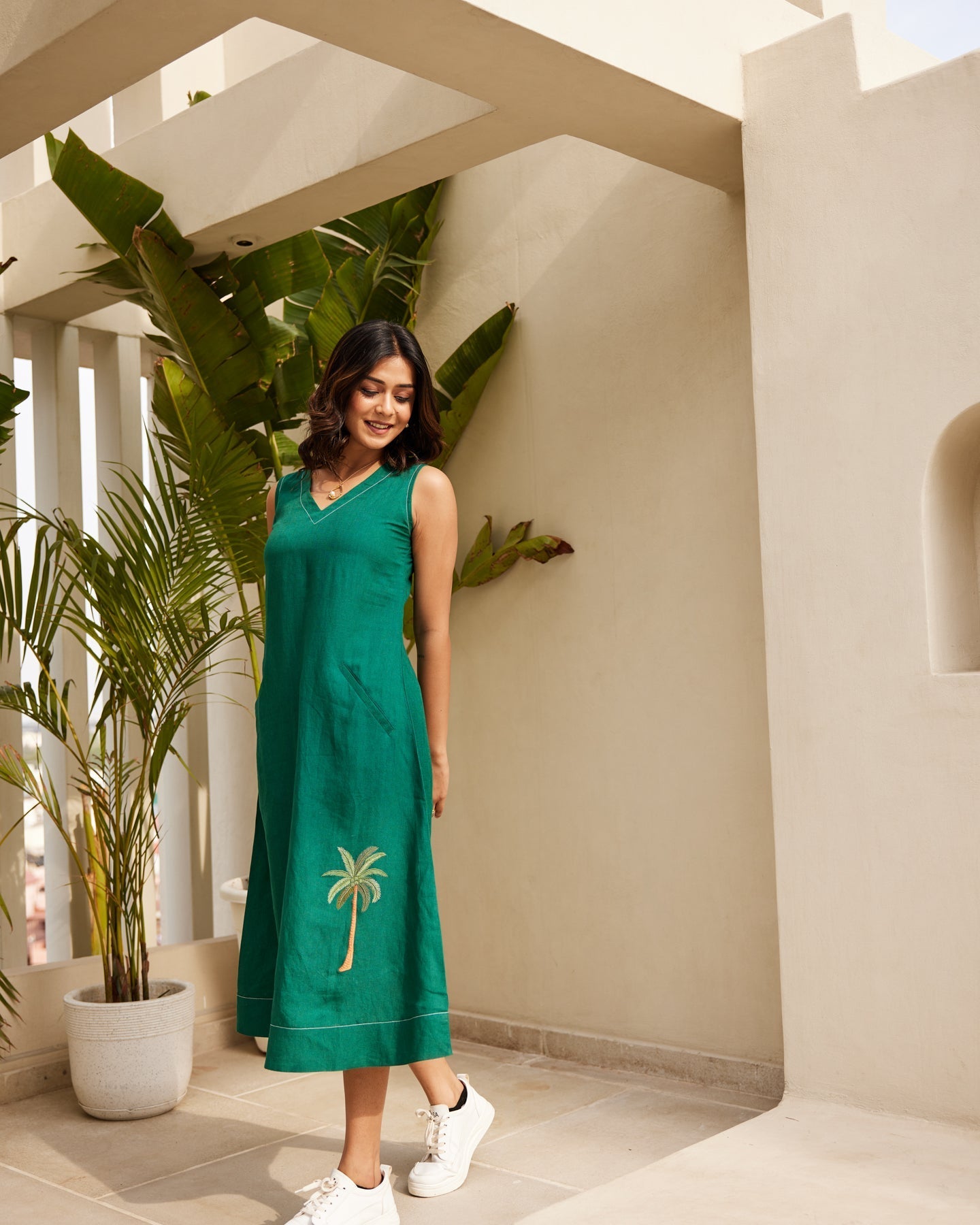 Solid Green Pure Linen Dress
