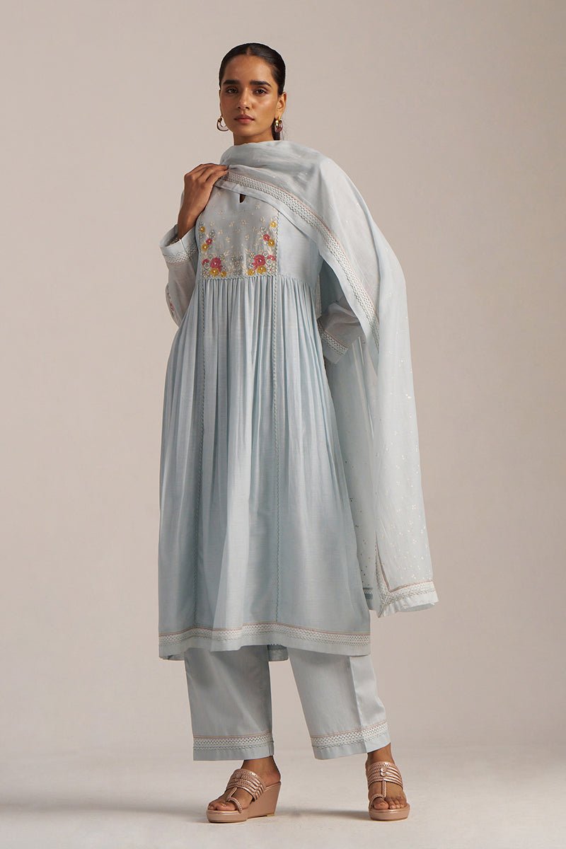 Chalk Blue Mal Chanderi Embroidered Kurta Set