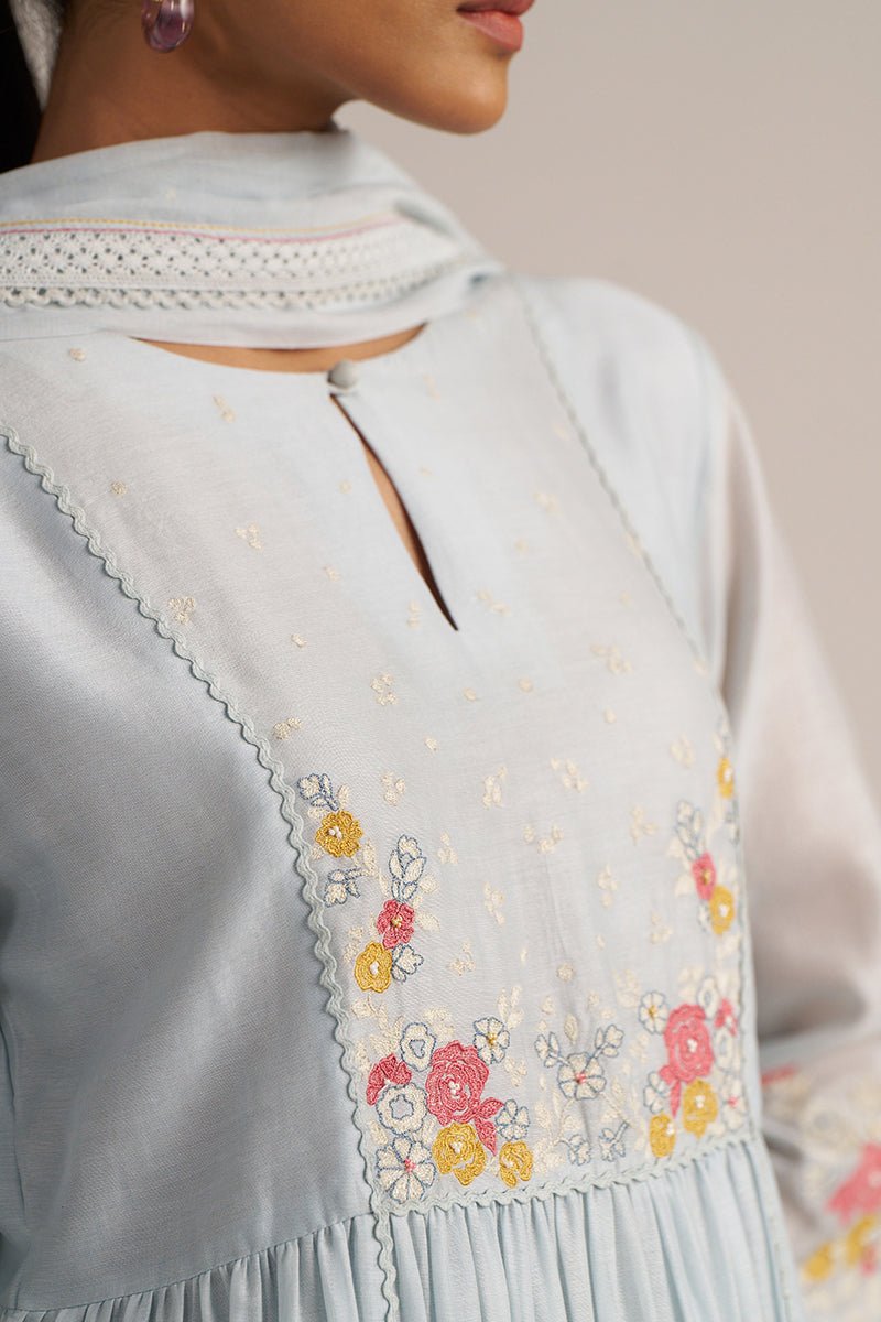 Chalk Blue Mal Chanderi Embroidered Kurta Set