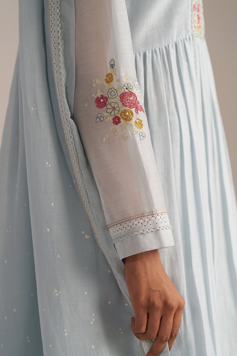 Chalk Blue Mal Chanderi Embroidered Kurta Set