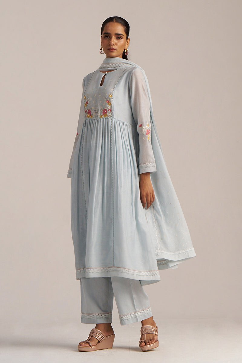 Chalk Blue Mal Chanderi Embroidered Kurta Set