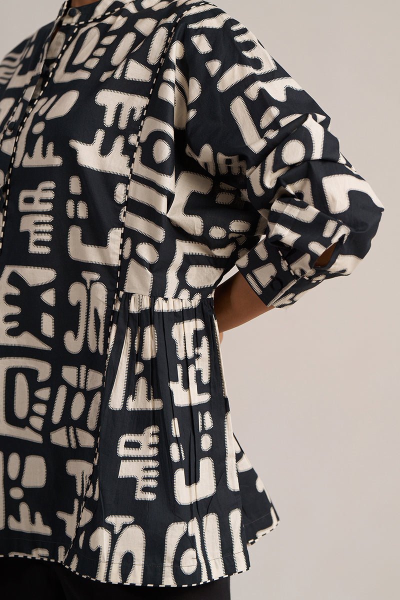 Black and Cream Printed Cotton Short kurta