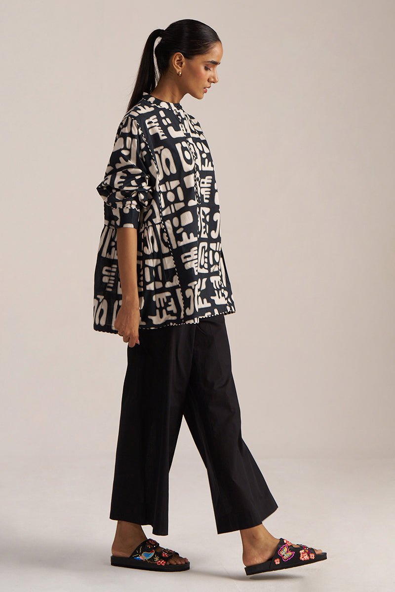 Black and Cream Printed Cotton Short kurta