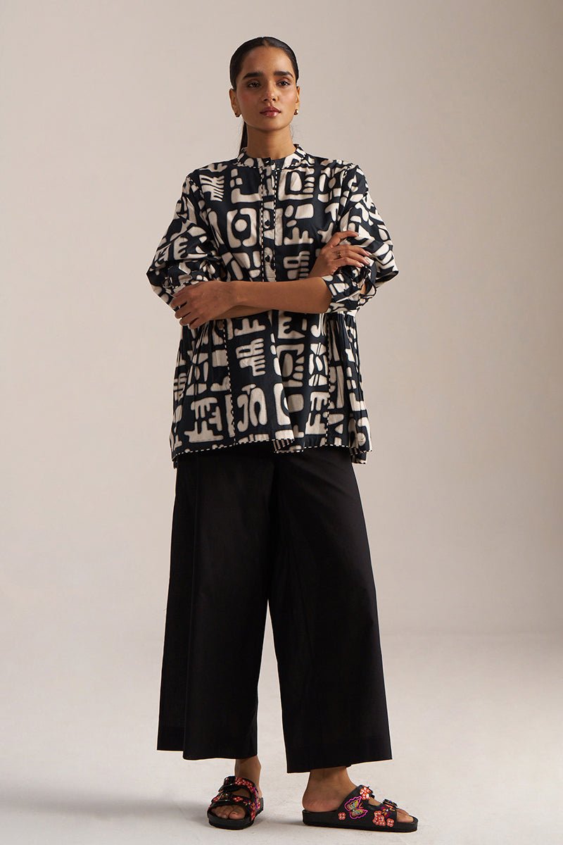 Black and Cream Printed Cotton Short kurta