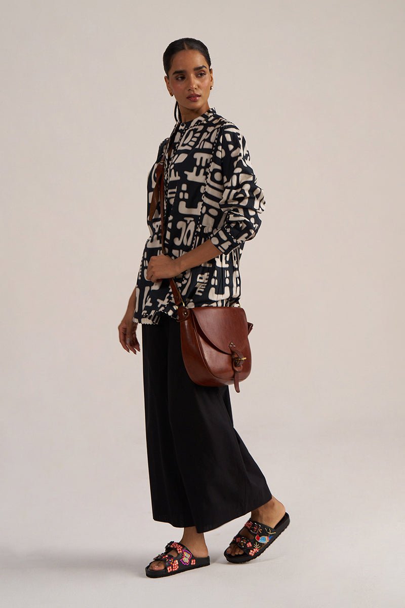 Black and Cream Printed Cotton Short kurta