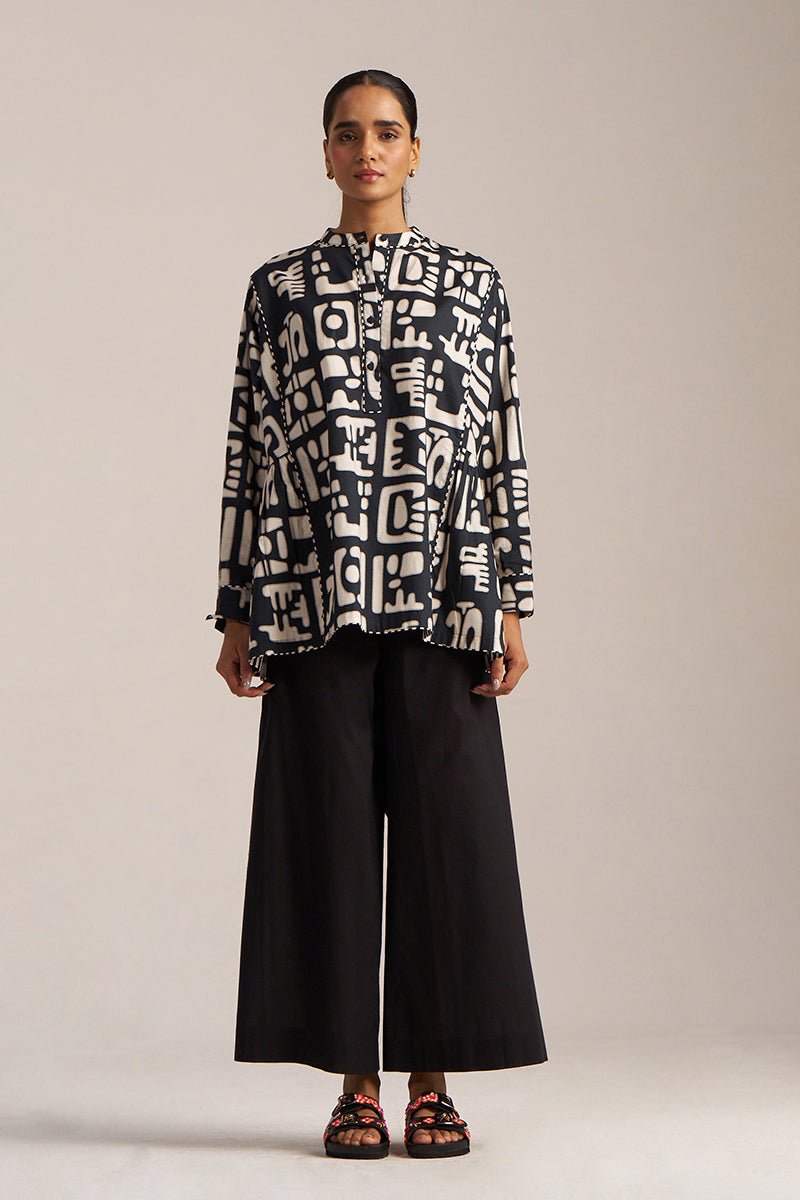 Black and Cream Printed Cotton Short kurta