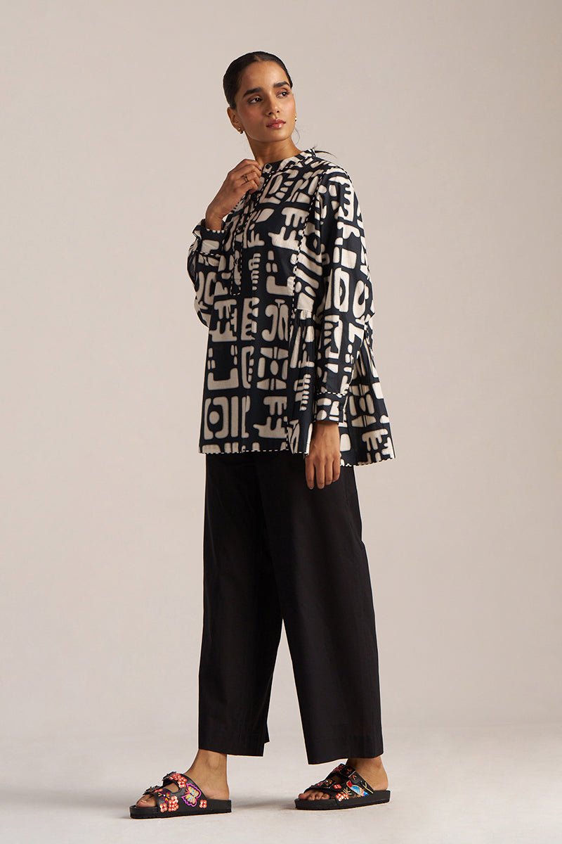 Black and Cream Printed Cotton Short kurta