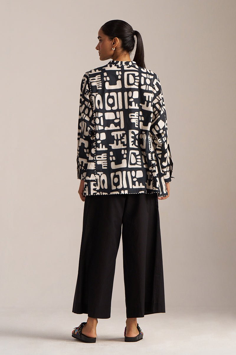 Black and Cream Printed Cotton Short kurta